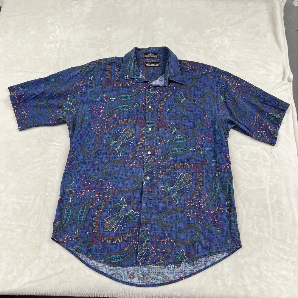 John Ashford Button Down Shirt Mens XL Blue Paisley Short Sleeve Vintage Cotton